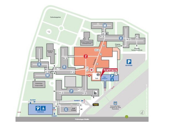 Auf dem Lageplan finden Sie eine Übersicht über die wichtigsten Orientierungspunkte unseres Krankenhauses.