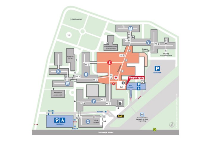 Auf dem Lageplan finden Sie eine Übersicht über die wichtigsten Orientierungspunkte unseres Krankenhauses.