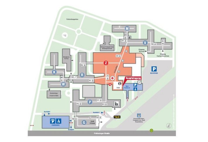 Auf dem Lageplan finden Sie eine Übersicht über die wichtigsten Orientierungspunkte unseres Krankenhauses.