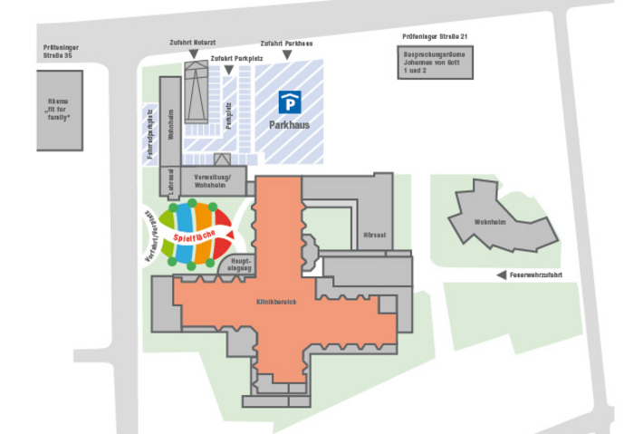 Der Übersichtsplan zeigt die wichtigsten Orientierungspunkte der Klinik St. Hedwig.