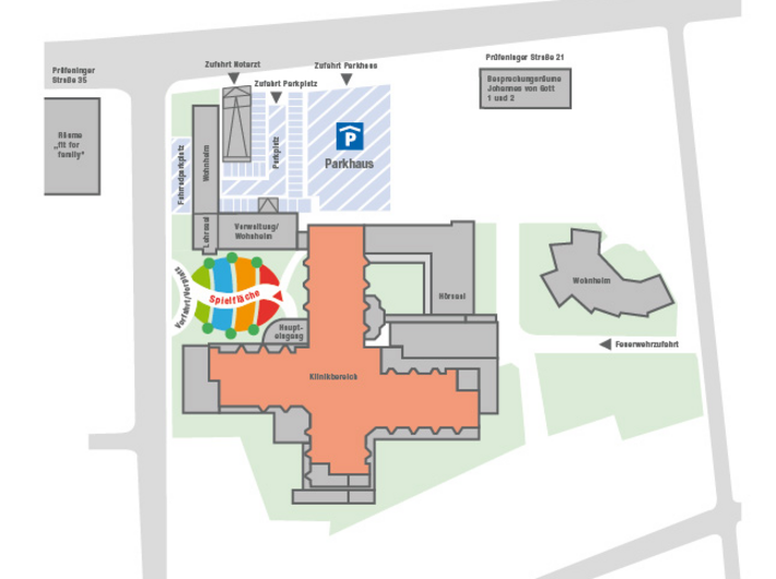 Der Übersichtsplan zeigt die wichtigsten Orientierungspunkte der Klinik St. Hedwig.